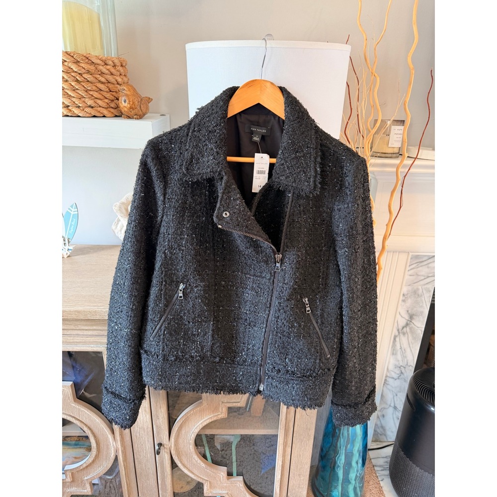 Ann Taylor Tweed Moto Jacket Womens Black 14